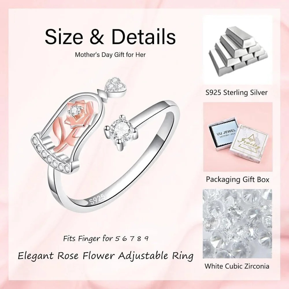 Women 925 Sterling Silver Adjustable Rose Rings Jewelry Gifts - Picture 5 of 6